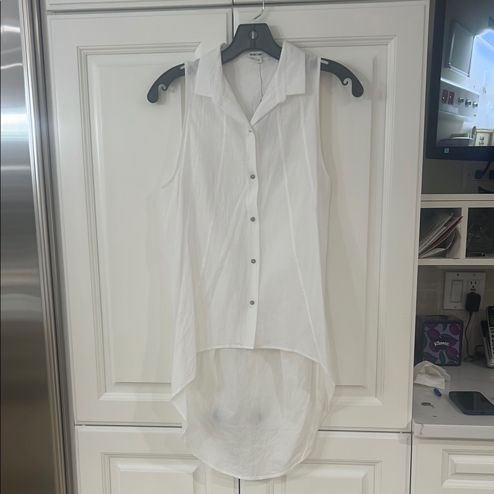 Helmut Lang High/Low Sleeveless Cotton Button Down. P